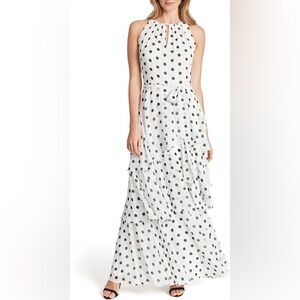 Tahari ASL Dot-Printed Tiered Chiffon Maxi DressI